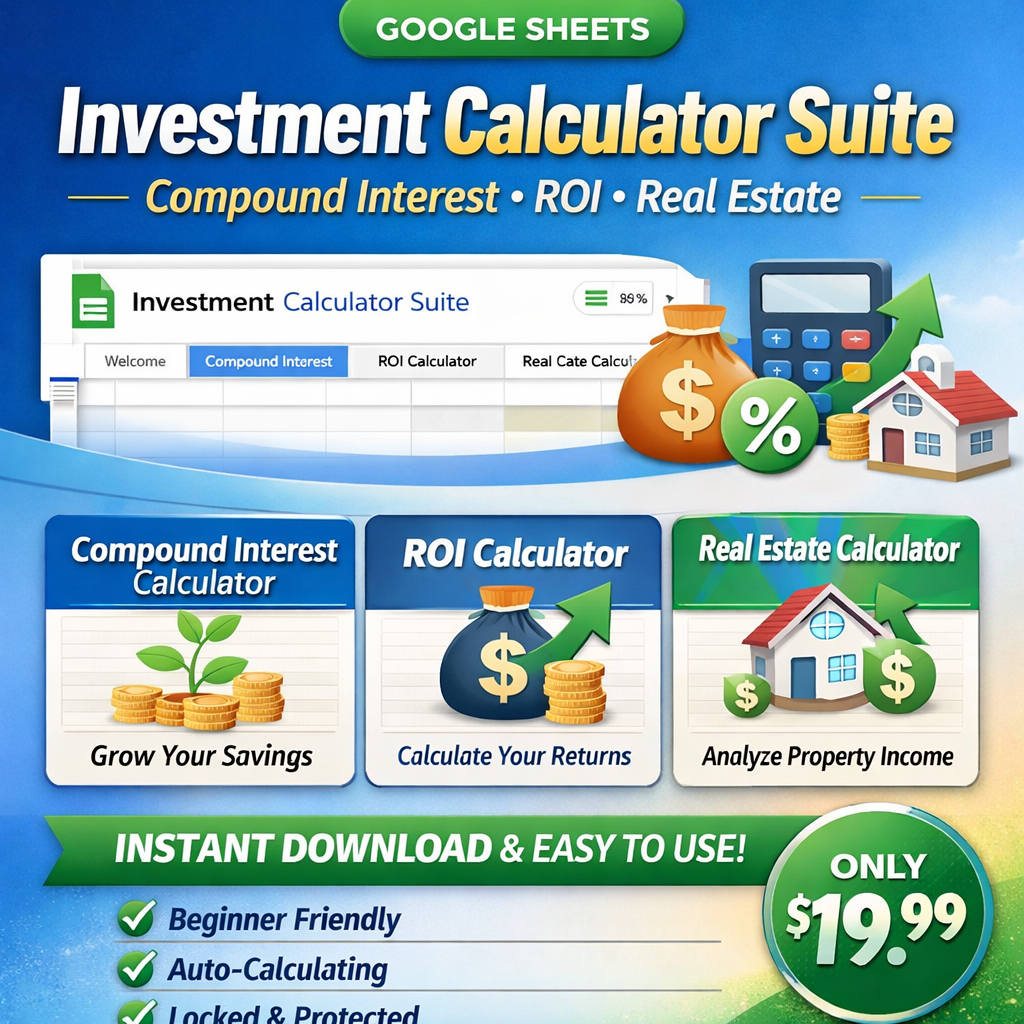 Investment Calculator Suite – Smart Compound Interest, ROI & Real Estate Analysis (Google Sheets | Instant Download)