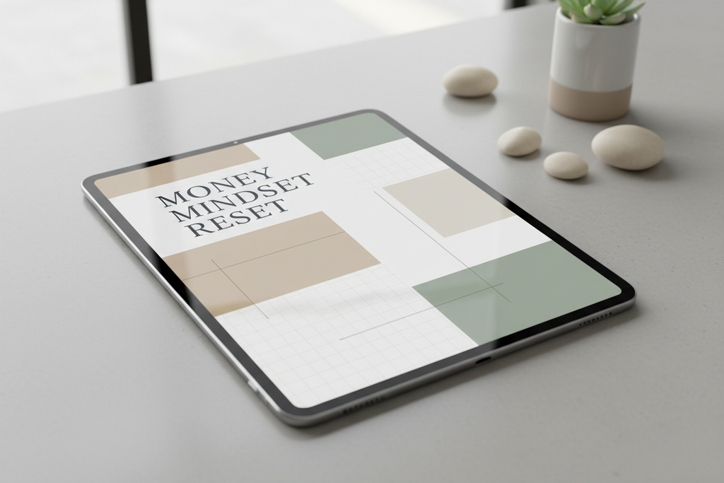 “Create a calm, premium mindset workbook mockup titled ‘Money Mindset Reset’. Display as a digital workbook on a tablet with soft neutral tones, white space, and clean typography. Professional, reflective finance mindset aesthetic, not motivational hype.”