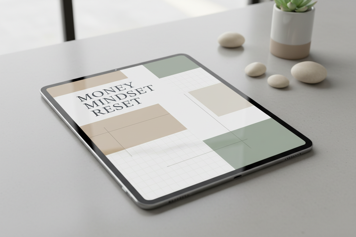 “Create a calm, premium mindset workbook mockup titled ‘Money Mindset Reset’. Display as a digital workbook on a tablet with soft neutral tones, white space, and clean typography. Professional, reflective finance mindset aesthetic, not motivational hype.”
