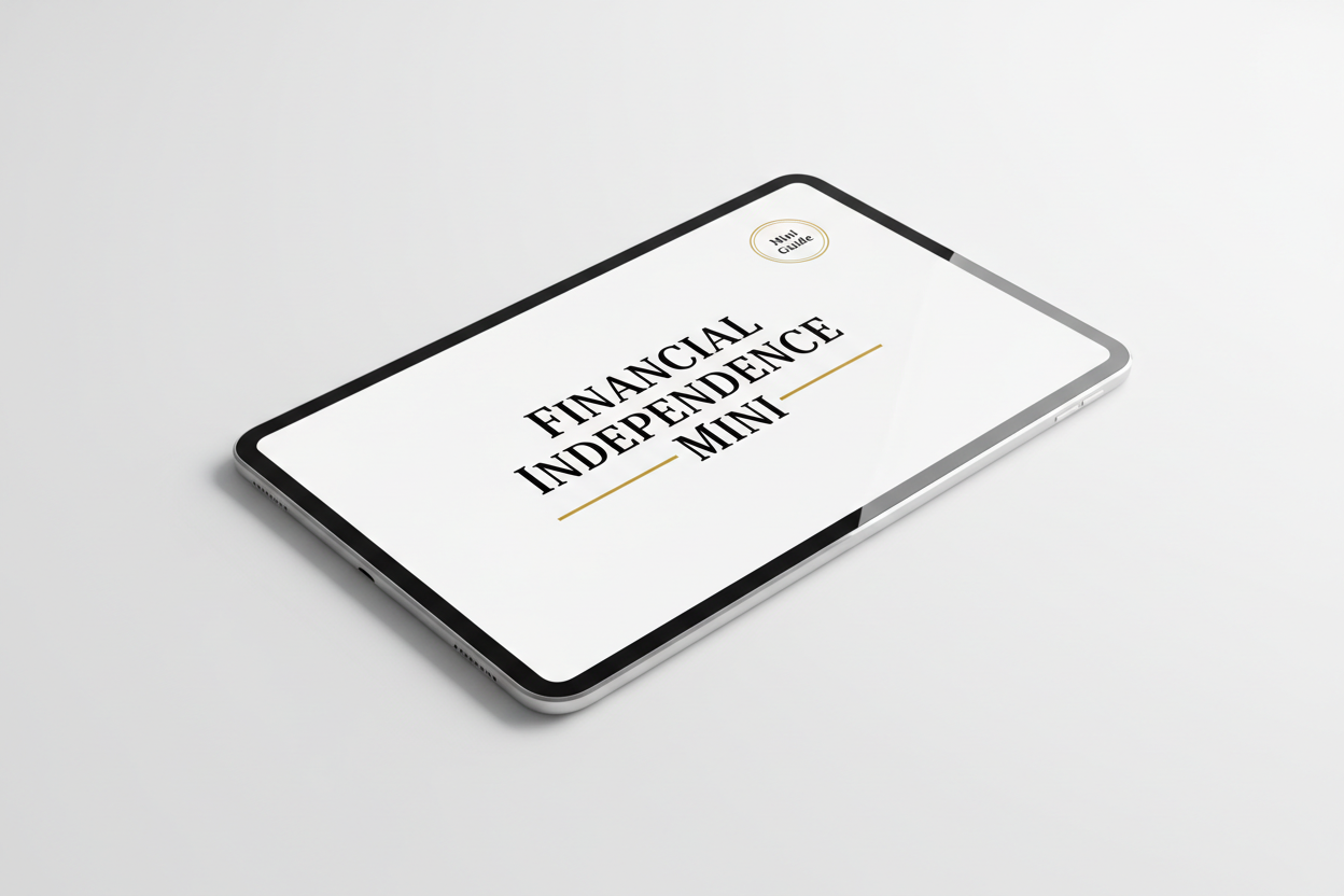 “Create a clean digital mini-guide mockup titled ‘Financial Independence Mini’. Display as a slim PDF booklet on a tablet. White background, black typography, thin gold accent line. Minimal professional finance aesthetic. Simple, clarity-focused, premium but lightweight.”

Optional badge text:

“Mini Guide” or “Clarity Tool”