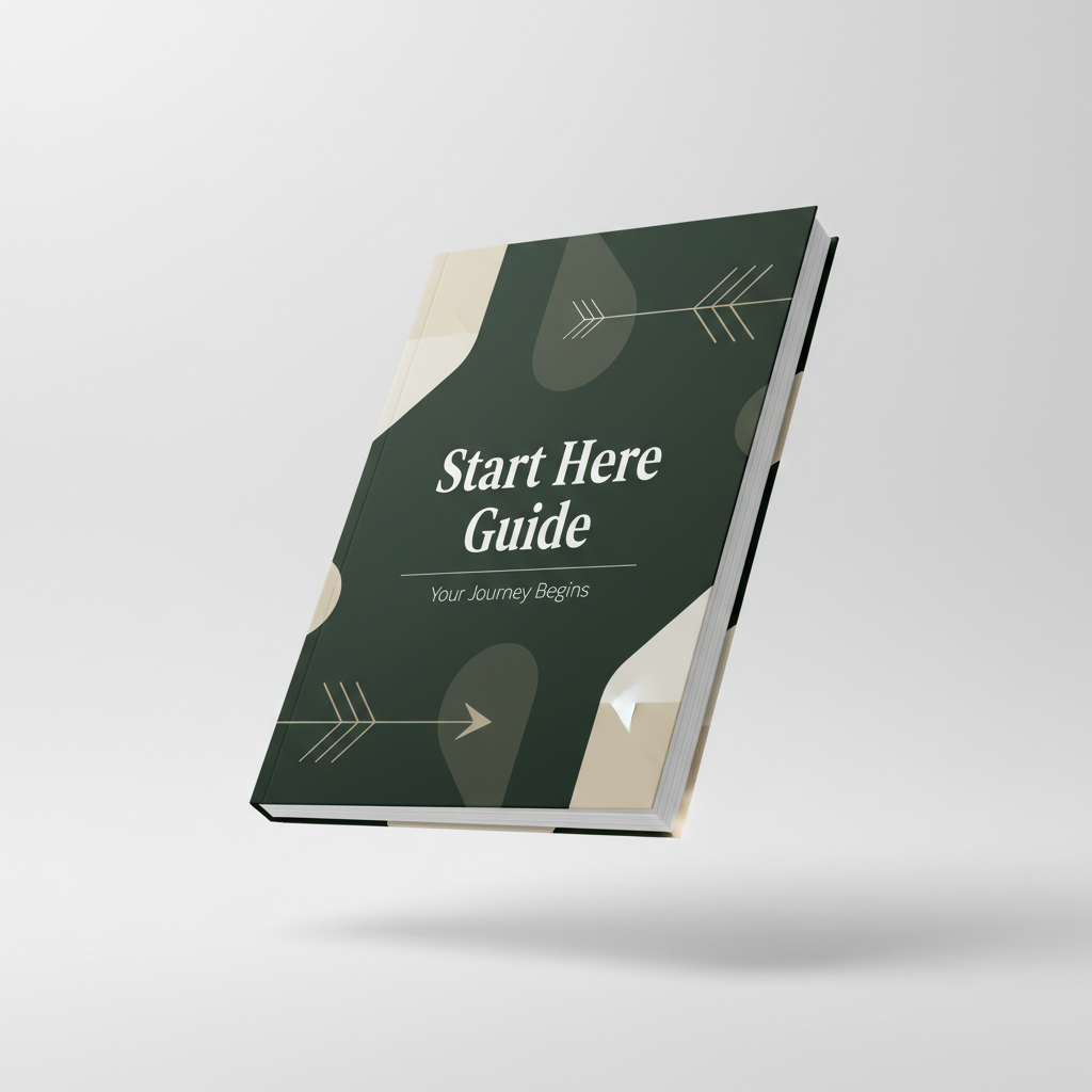 Create a digital product mockup for Shopify titled
“Start Here Guide”.

- Angled PDF style
- Include product name overlay
- White/light grey background
- Minimal shadows for depth
- Modern, professional, premium look
- Dark green, beige, white color scheme
- Clean layout suitable for Shopify gallery
