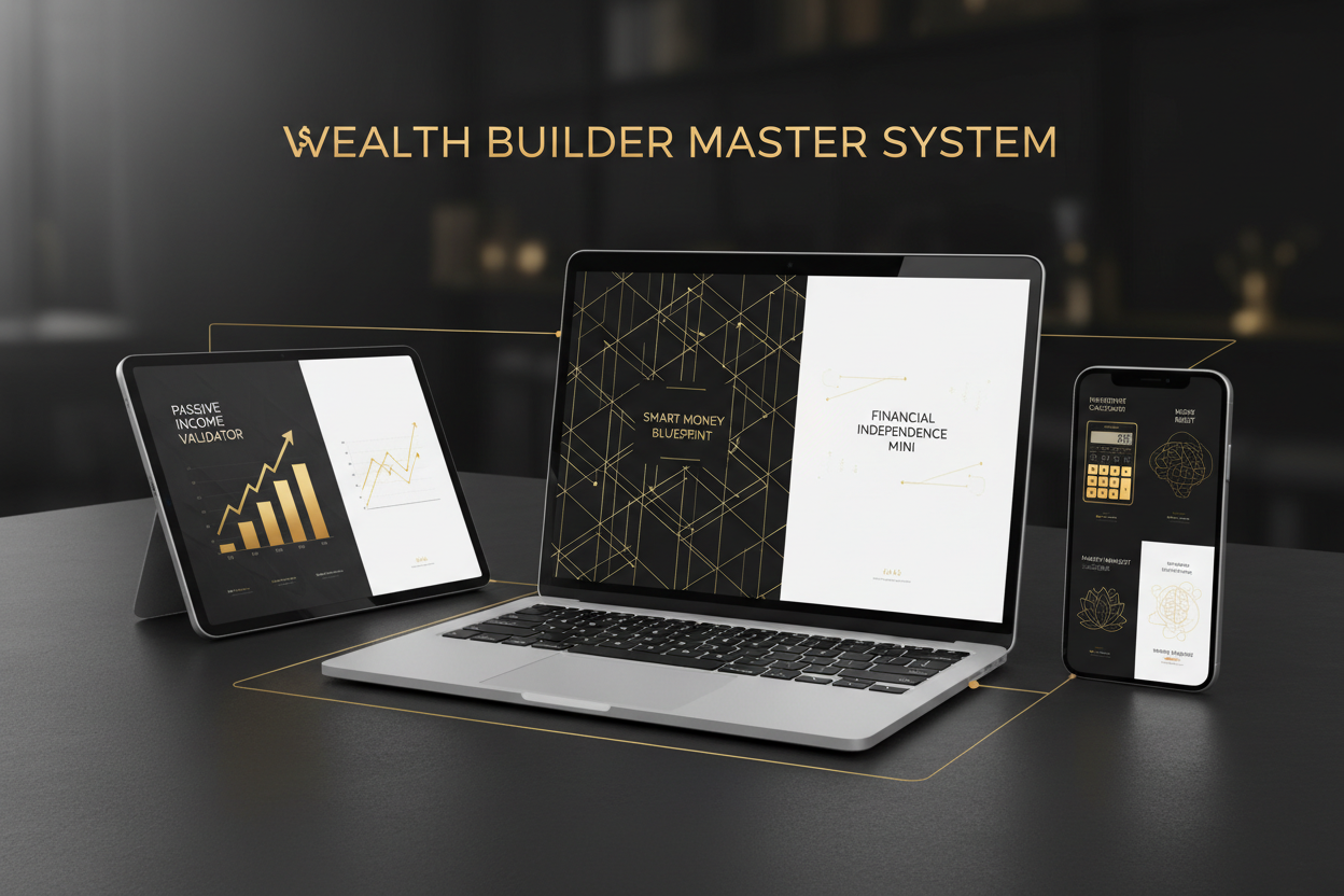 “Create a premium digital product bundle mockup titled ‘Wealth Builder Master System’. Show multiple devices (laptop, tablet, phone) displaying different finance products together. Include visible covers for Smart Money Blueprint, Financial Independence Mini, Passive Income Validator, Investment Calculator Suite, and Money Mindset Reset. Minimal luxury design, black and white base with gold accents, professional wealth system aesthetic. Looks like a complete financial operating system.”