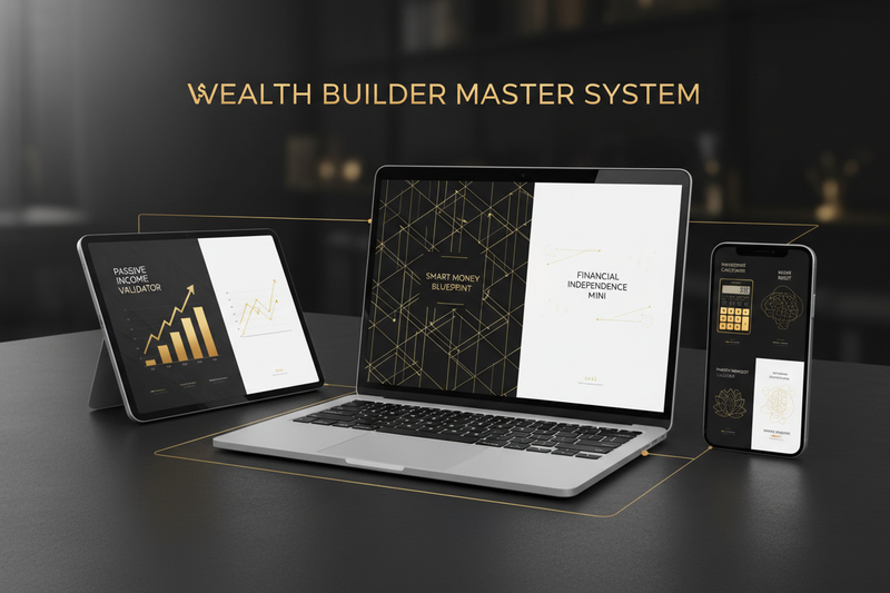“Create a premium digital product bundle mockup titled ‘Wealth Builder Master System’. Show multiple devices (laptop, tablet, phone) displaying different finance products together. Include visible covers for Smart Money Blueprint, Financial Independence Mini, Passive Income Validator, Investment Calculator Suite, and Money Mindset Reset. Minimal luxury design, black and white base with gold accents, professional wealth system aesthetic. Looks like a complete financial operating system.”