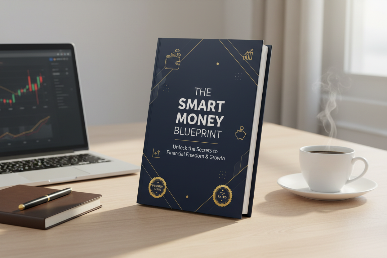 Create a premium digital product mockup for an e-book titled “The Smart Money Blueprint”.
Modern, clean, luxury financial design.
Show a realistic 3D e-book mockup slightly angled with soft shadow.
Color palette: navy blue, white, and subtle gold accents.
Minimal financial icons (wallet, coins, piggy bank, simple chart arrows).
Calm lifestyle background: clean desk, laptop, notebook, coffee cup, soft lighting.
Typography: bold modern sans-serif for title, clean readable subtitle.
Add small premium badges: I