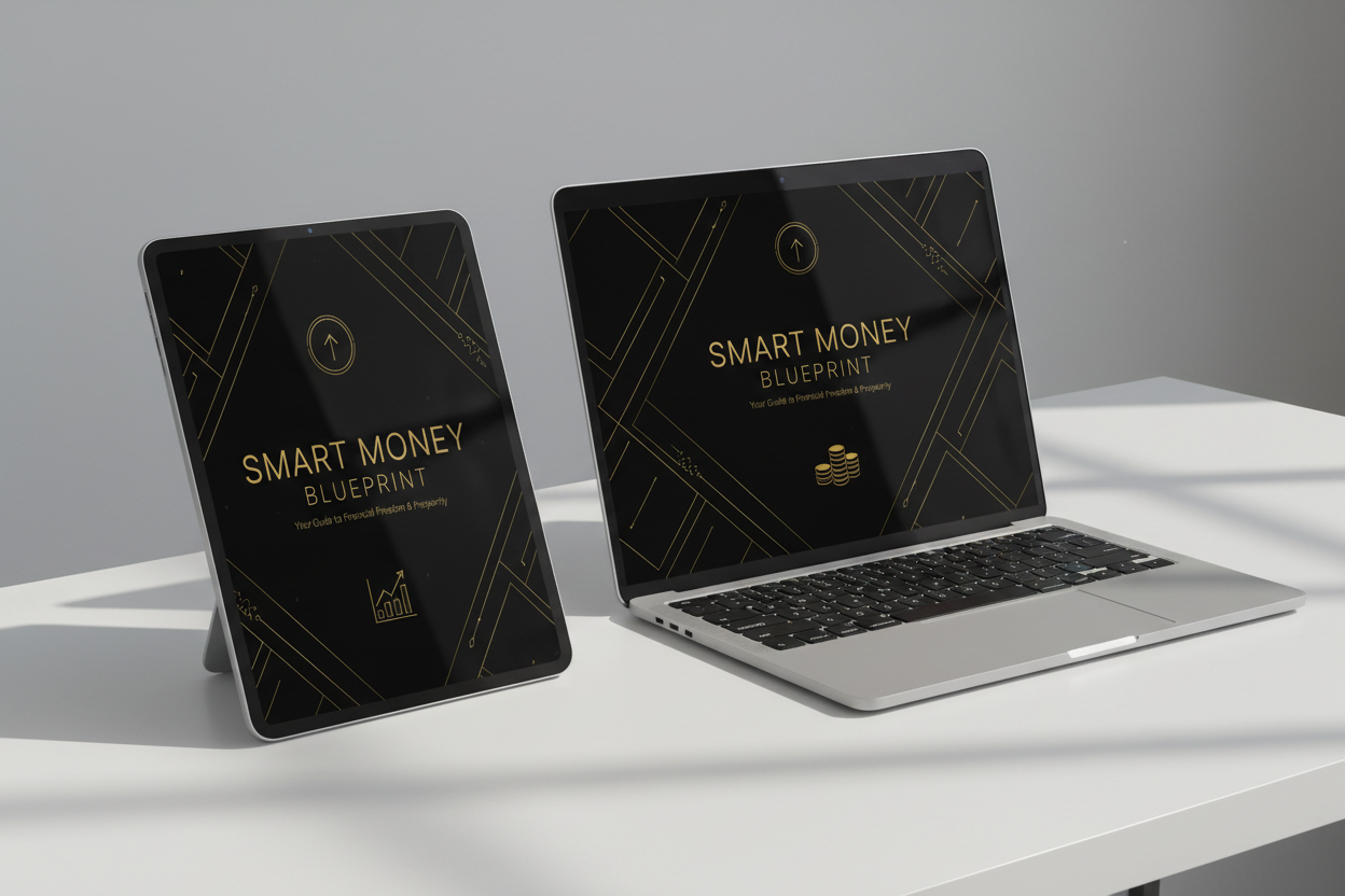 “Create a premium digital workbook mockup titled ‘Smart Money Blueprint’. Show a realistic 3D PDF book cover displayed on a tablet and laptop. Black cover with gold accent lines, clean modern typography, luxury wealth planning aesthetic. Include subtle financial icons and a professional layout. Background minimal and elegant.”