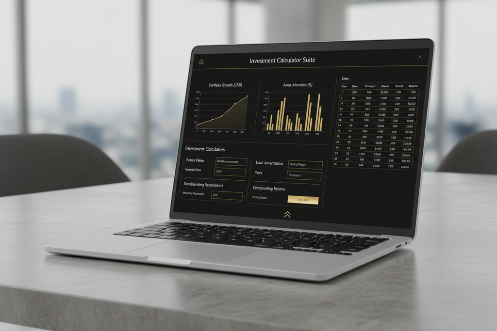 “Create a premium spreadsheet-based product mockup titled ‘Investment Calculator Suite’. Show a laptop screen displaying clean financial charts and calculator tables. Minimal dashboard-style design, black and white interface with gold highlights. Professional investor-grade aesthetic.”