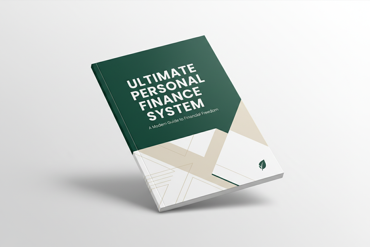 Create a sleek angled PDF mockup for Shopify titled
“Ultimate Personal Finance System”.

- Angled 3D perspective
- Minimal shadows for depth
- Bold title overlay
- White/light grey background
- Dark green, beige, white color scheme
- Modern, professional, premium design
- Clean and minimal layout suitable for Shopify gallery
