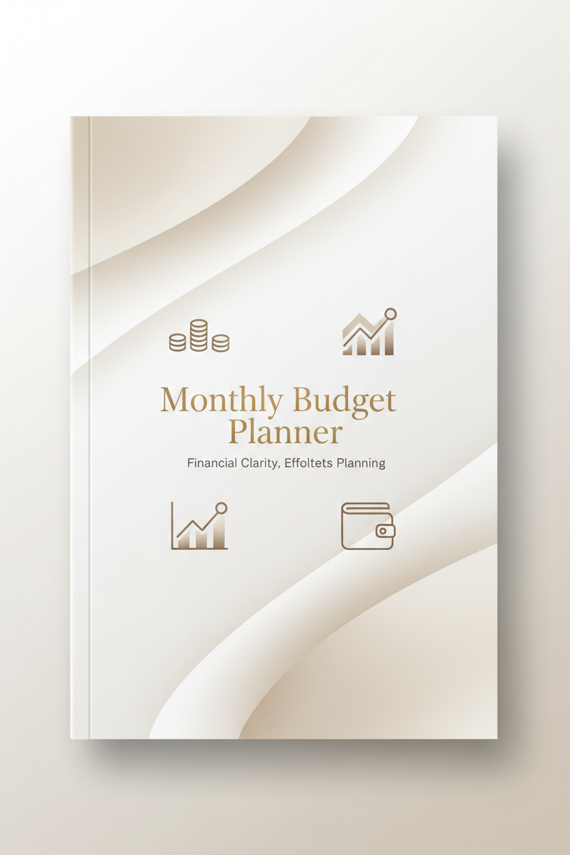 Design a luxury minimalist cover for a monthly budget planner. Use neutral beige and white tones, soft shadows, elegant typography, clean financial icons, and a modern premium aesthetic suitable for a high-end digital finance product.
