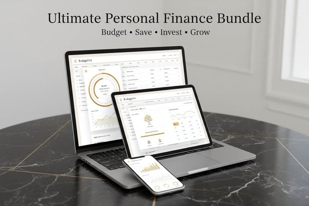 High-end digital product bundle mockup showing multiple finance spreadsheets layered together on laptop, tablet, and phone screens. Includes budgeting, savings, debt tracking, and investment sheets. Luxury neutral tones, black, white, and gold accents, modern fintech brand style, premium bundle presentation, soft depth of field, elegant shadows, professional and trustworthy look, ultra-clean, no people.

Text Overlay:

Ultimate Personal Finance Bundle

Budget • Save • Invest • Grow